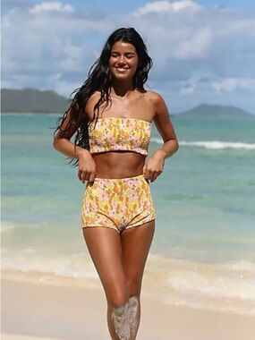 Aila Blue Pica High-Waisted Boyshort Bikini Bottoms Floral Pink Yellow NWT Swim